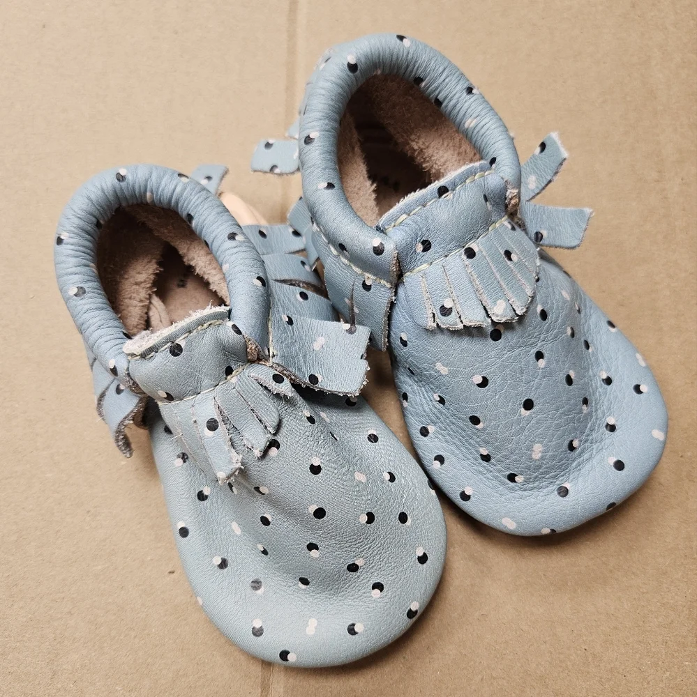 Freshly Picked 5 Baby Boy Girl Sky Blue Mocassins Leather Polka Dot Pattern Shoe